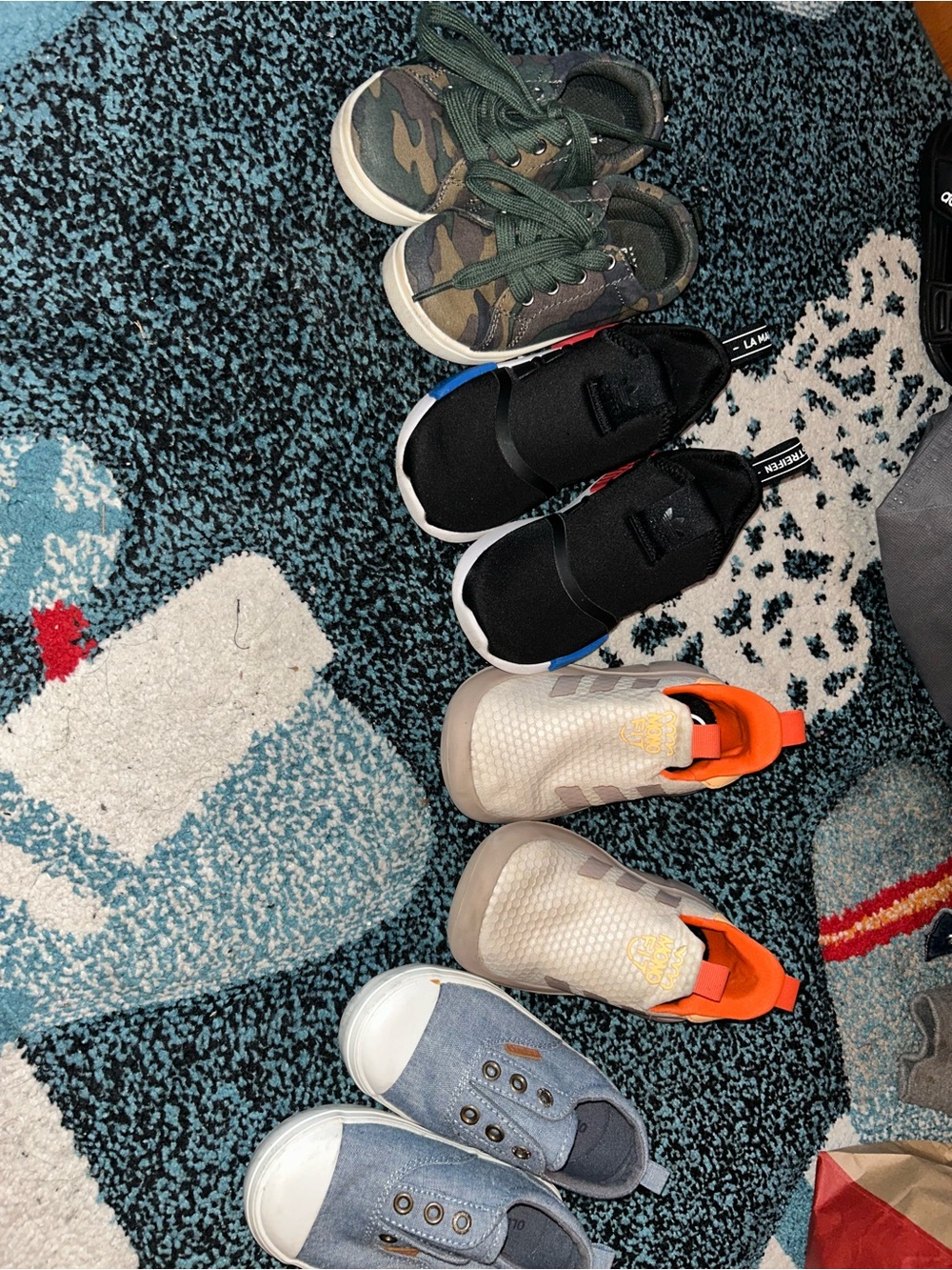 adidas Kids Sneakers Bundle — Black, Camo, Beige with Orange, Denim